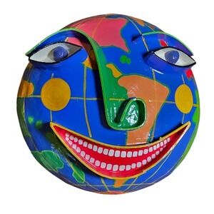 VTG Gina Truex art Papier-mâché colorful wall face happy blue earth Greece 96